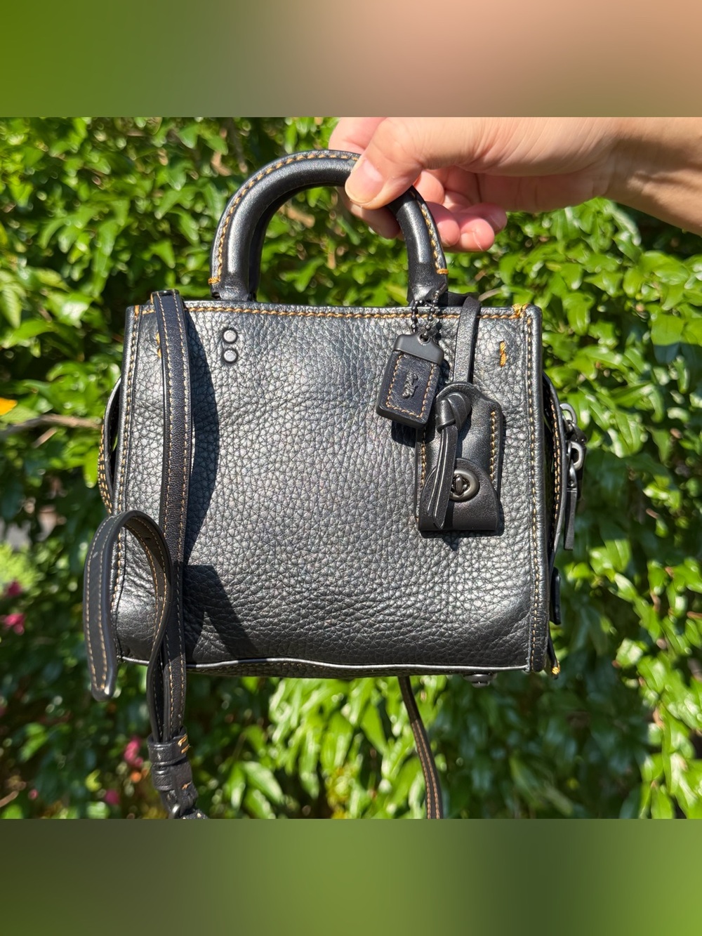 Coach Black Pebbled Leather Mini Crossbody Satchel with Contrast Stitching